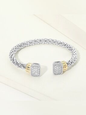 14K Gold Plated Two Tone CZ Pave Rectangle Top Braided Cuff Bracelet